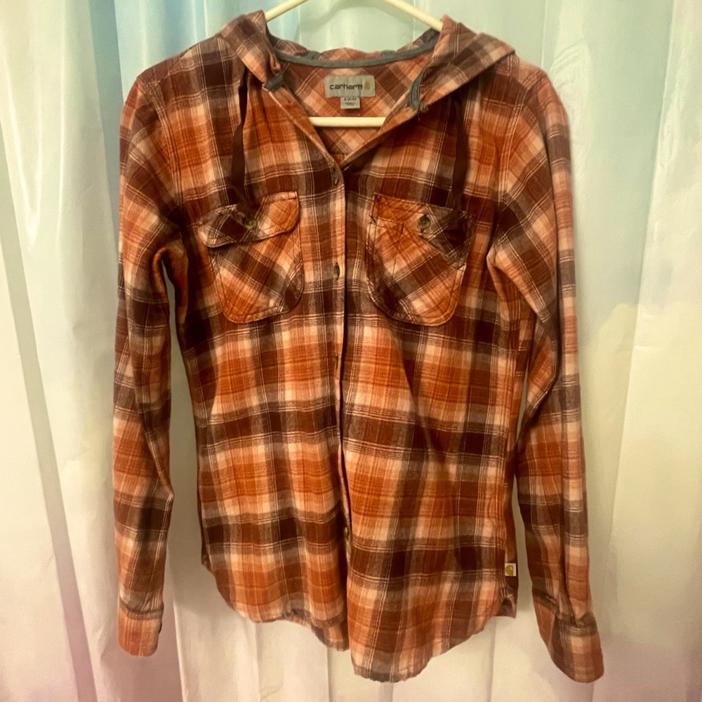 Carhartt Women's Rust & Brown Plaid Hooded Button-Down Shirt